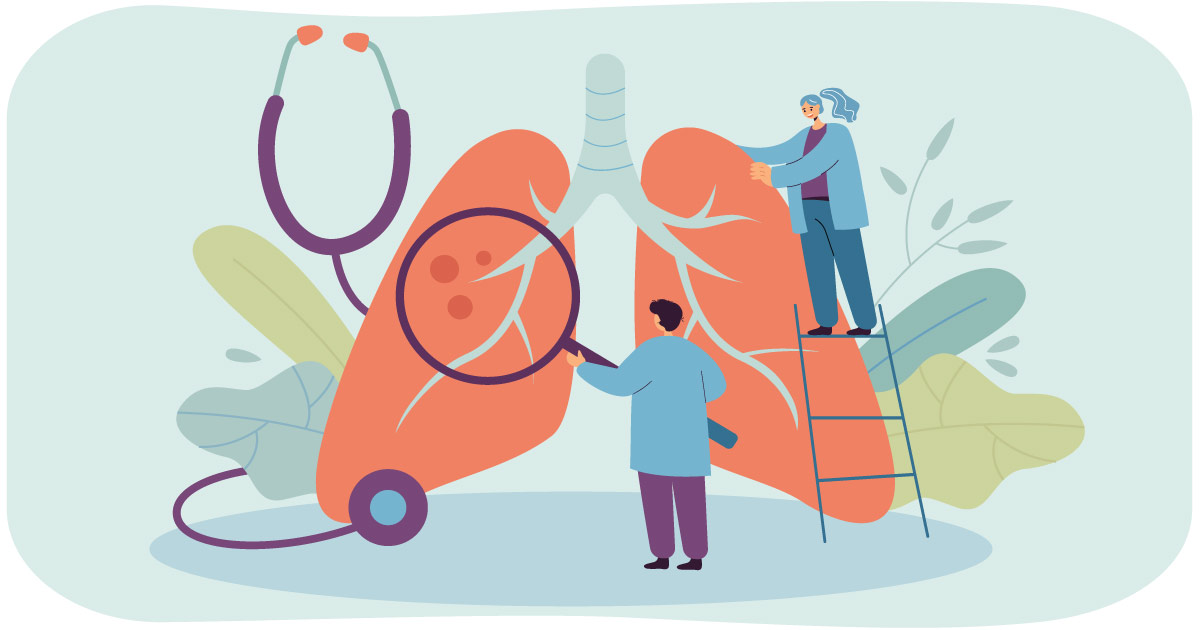 Ilustración de dos profesionales médicos examinando pulmones humanos de gran tamaño. Una persona está en una escalera, mientras la otra sostiene una lupa. En el fondo hay un estetoscopio, y figuran hojas como elementos decorativos. 