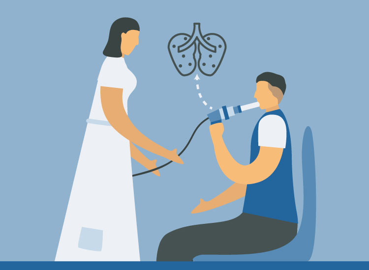 Ilustración de una profesional de la salud que ayuda a una persona a usar un dispositivo respiratorio, con un gráfico de pulmones encima de ellos que simboliza la función pulmonar. El fondo es azul claro. 