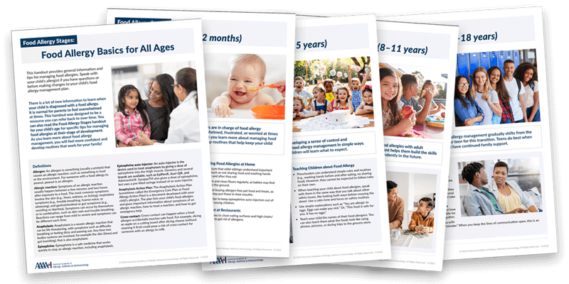 Thumbnail icons of food allergy handouts by AAAAI