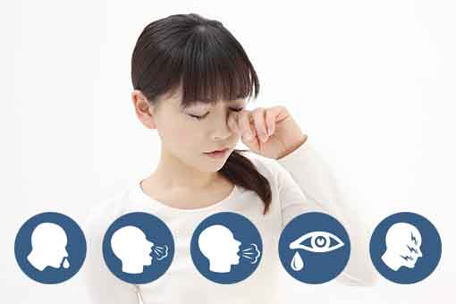 A young girl rubs her eye, looking uncomfortable. Below her are icons showing symptoms: runny nose, sneezing, coughing, watery eyes, and irritated eyes, all in blue circles.