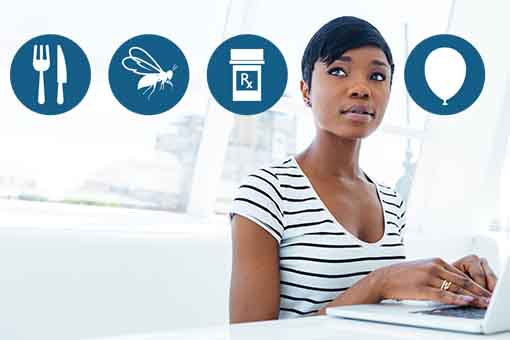 A woman in a striped shirt types on a laptop. Above her are icons of a fork and knife, a bug, a medication bottle, and a balloon, each in blue circles.